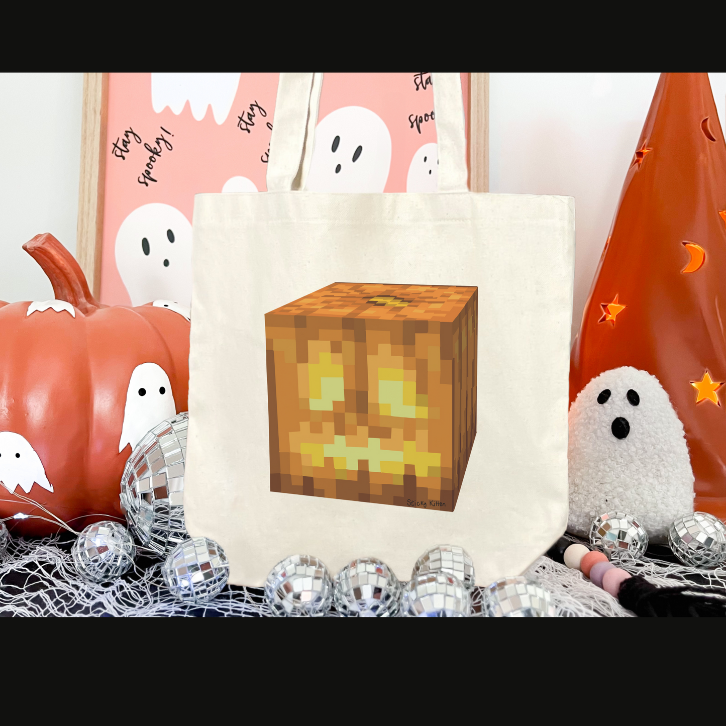 Minecraft Pumpkin Jack-o-Lantern Cotton Canvas Tote Bag, Trick or Treat Bag