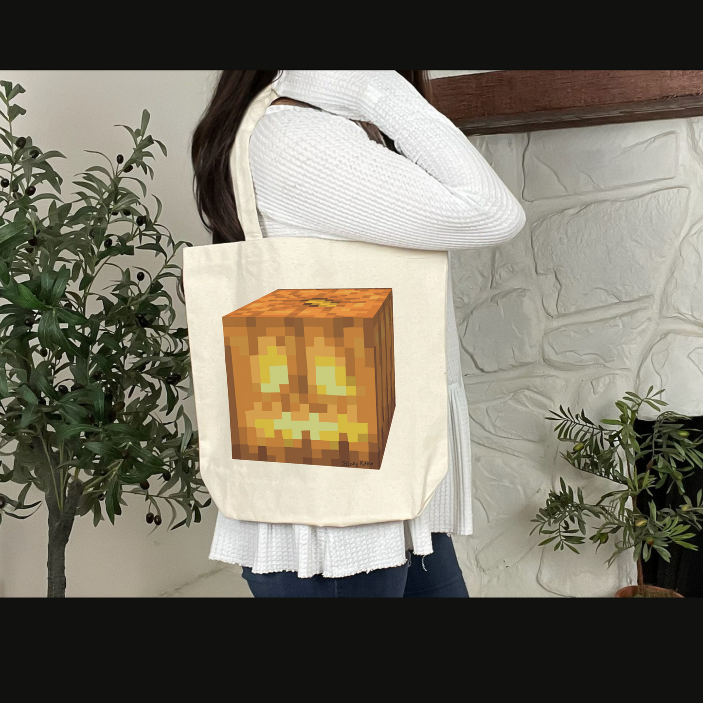 Minecraft Pumpkin Jack-o-Lantern Cotton Canvas Tote Bag, Trick or Treat Bag